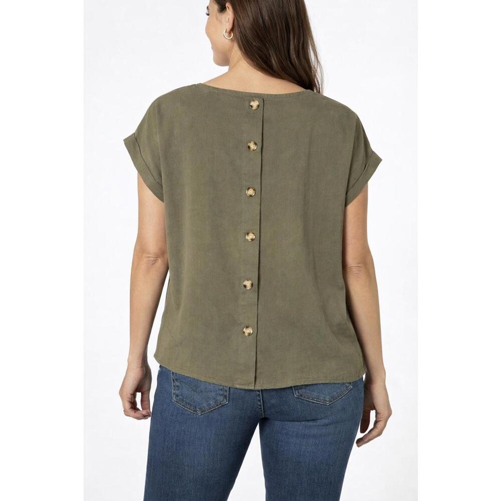 NWT Six/Fifty Olive Short Sleeve Pocket Top Button Back Blouse Size Medium - Picture 2 of 7
